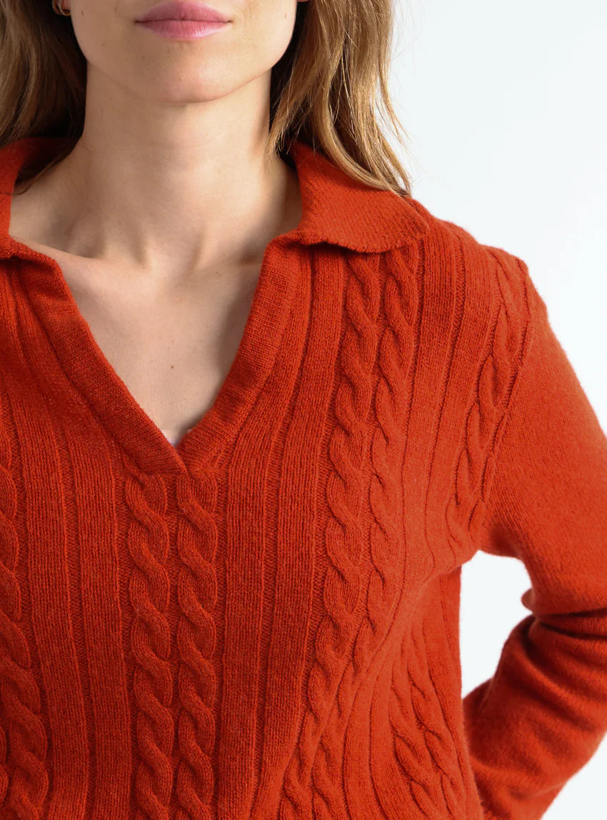 Pull femme laine mérinos col polo orange
