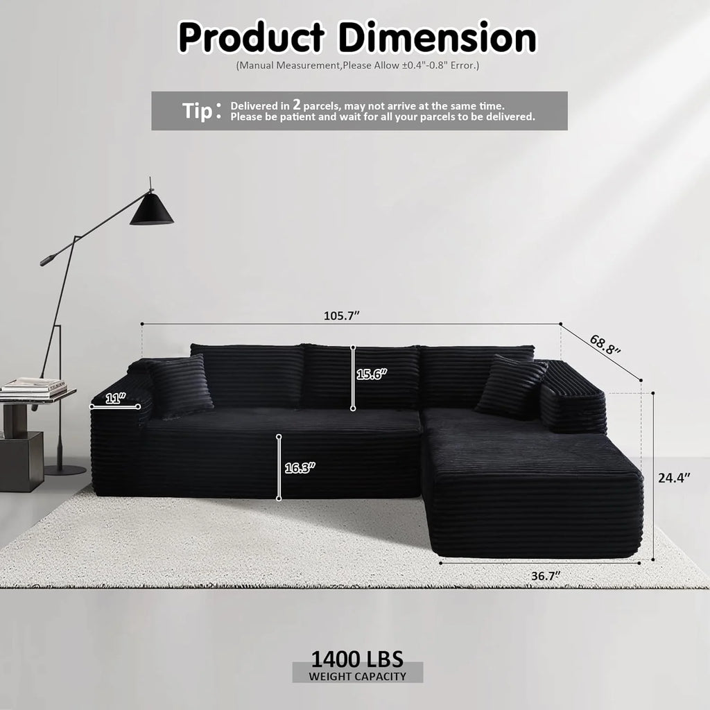 ovios 104 Cloud Sectional Couch with L-Shape Chaise,Modern Modular Sofa with Deep Seat, Upholstered Couches for Living Room Bedroom,No Assembly Required, Grey (Plush Corduroy Fabric)