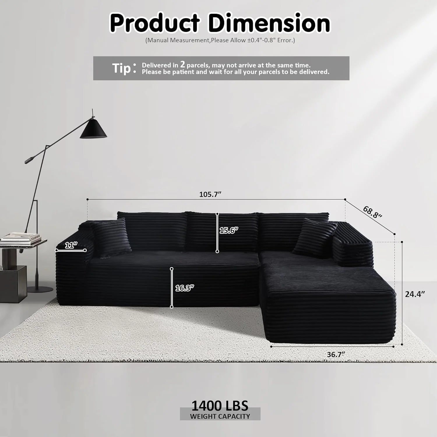 ovios 104 Cloud Sectional Couch with L-Shape Chaise,Modern Modular Sofa with Deep Seat, Upholstered Couches for Living Room Bedroom,No Assembly Required, Grey (Plush Corduroy Fabric)