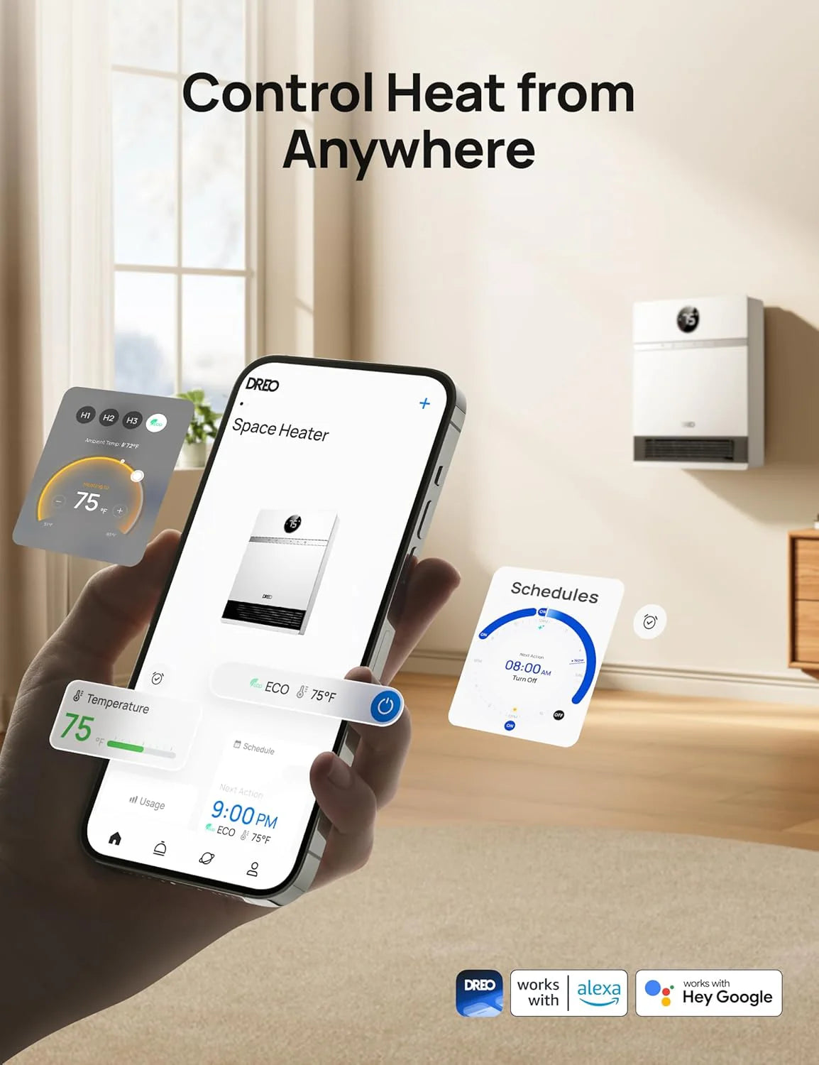 Dreo Smart Wall Heater, IP24 Electric PTC Space Heaters for Indoor Use, 30° Oscillation, Adjustable Thermostat, Remote Control, Works with Alexa, 24H Timer, Easy-mounted for Bedroom, Office, Home