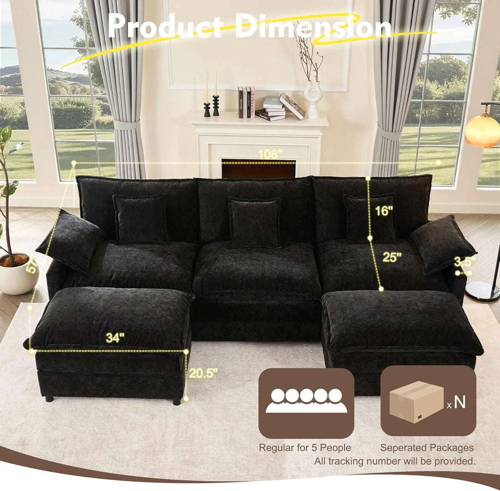 108 U Shaped Couch, Modular Sectional Sofa, 3-Seater Comfy Cloud Couch with Movable Ottoman, Deep Seat Couches for Living Room, Chenille, Slate