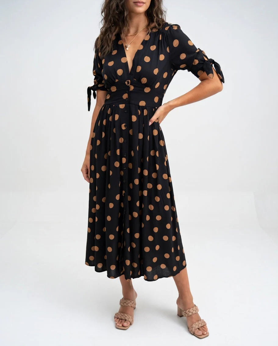 Robe Midi Élégante à Pois pour Femmes