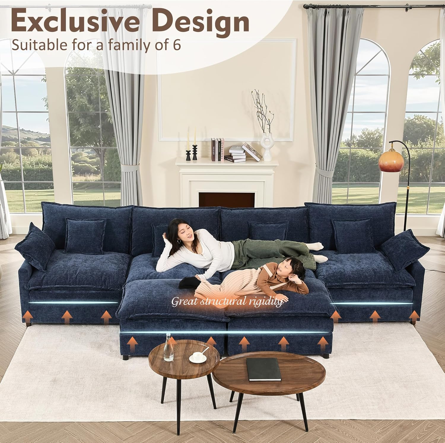 108 U Shaped Couch, Modular Sectional Sofa, 3-Seater Comfy Cloud Couch with Movable Ottoman, Deep Seat Couches for Living Room, Chenille, Slate