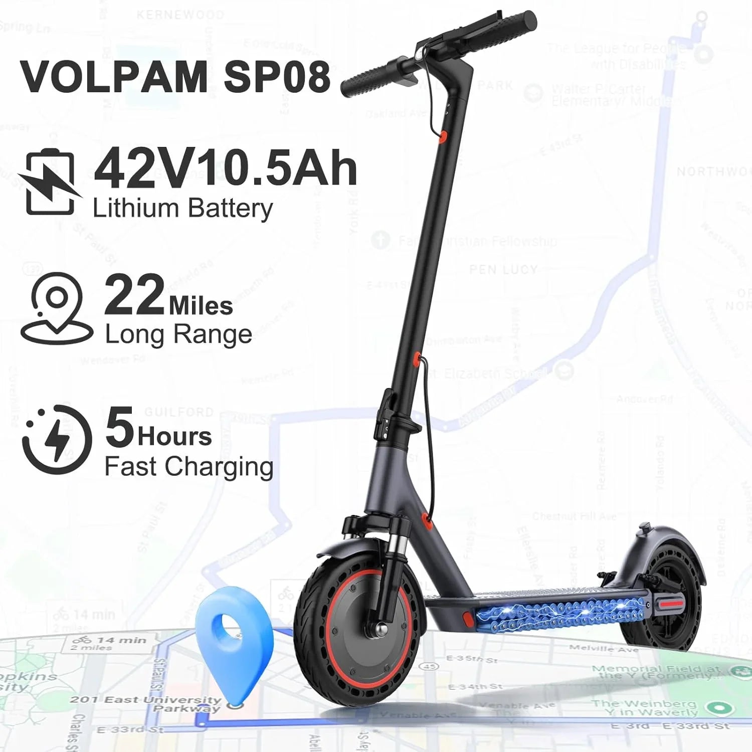 Volpam electric scooter Powerful electric motor Solid tires 28/21/12 mile range