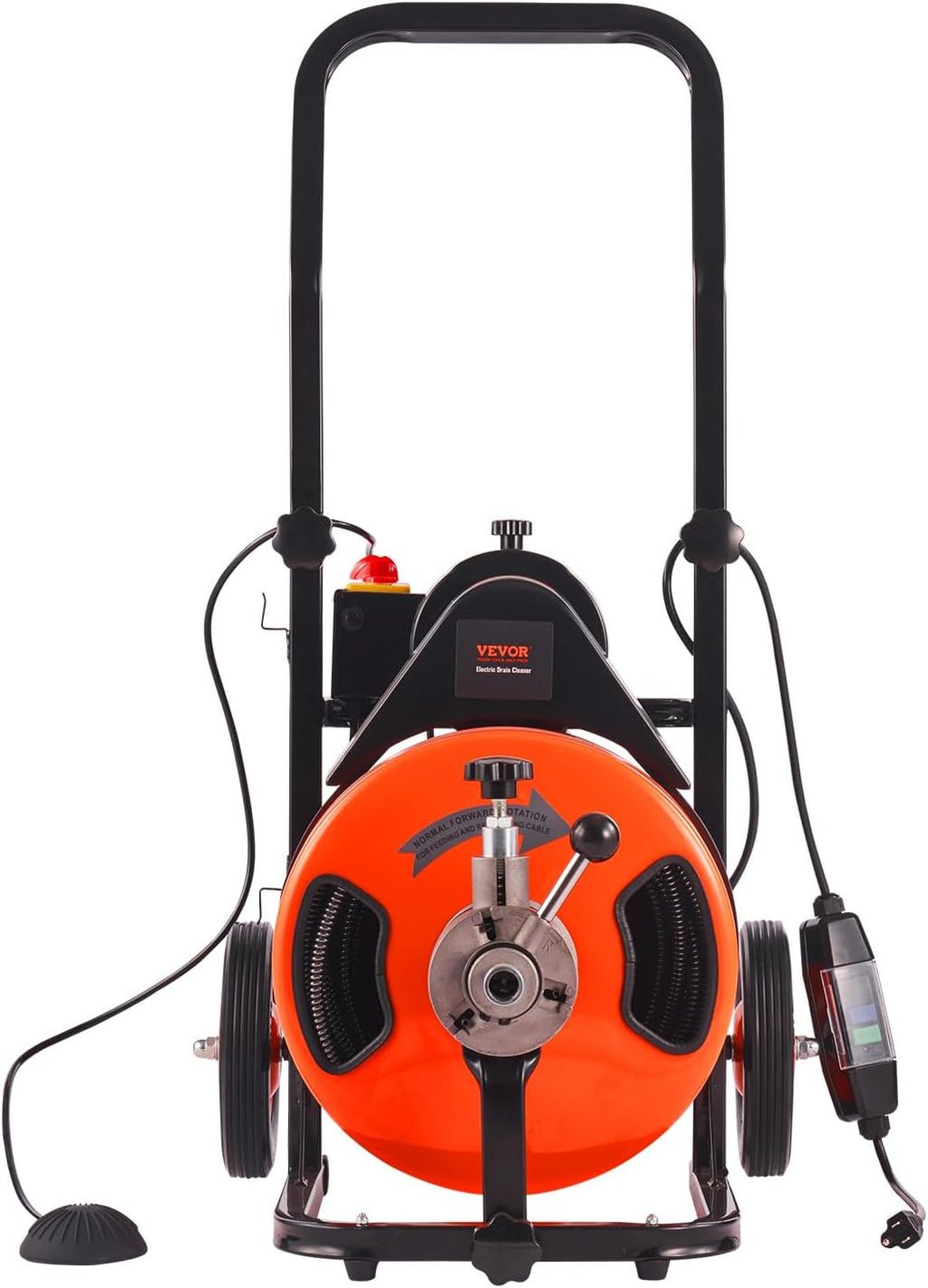 2025 Drain Cleaner Machine 100FT x 1/2Inch, Auto Feed Sewer Snake Auger with 4 Cutter & Air-activated Foot Switch for 1 to 4 Pipes, Orange, Black