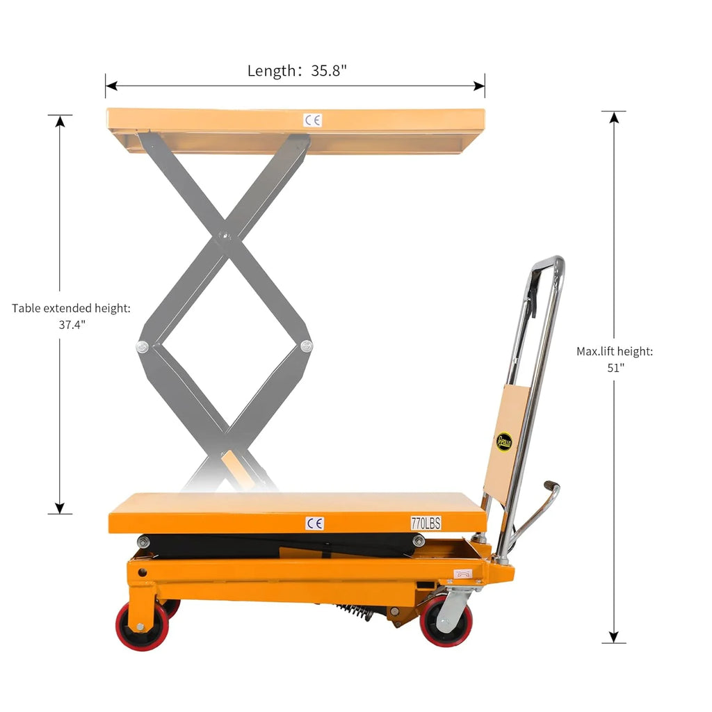 Hydraulic Lift Table Cart – 770 lbs Capacity, 51 Max Height, Double Scissor Lift with Safety Guard & 4 Wheels