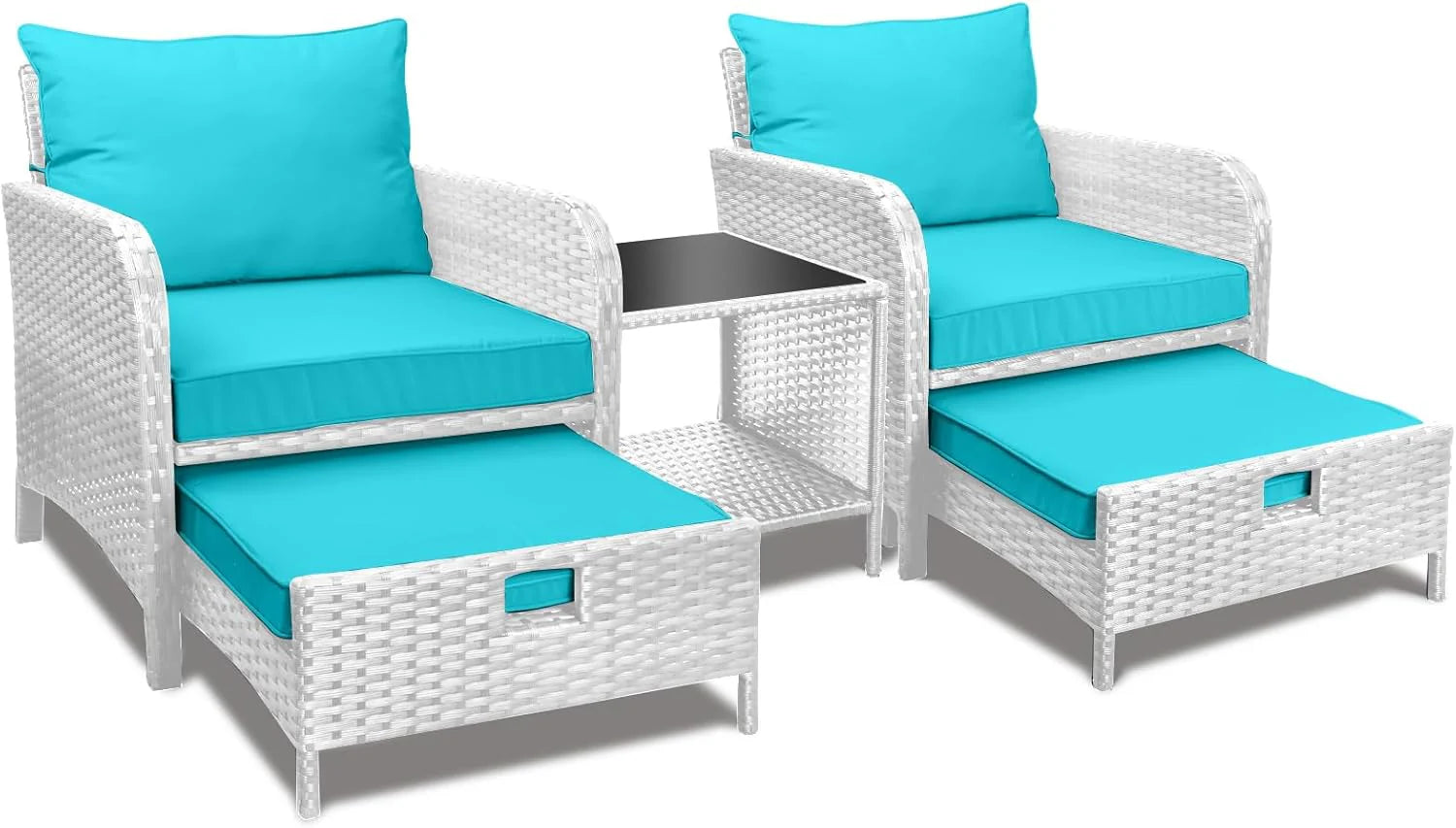 LEVELEVE Balcony Furniture 5 Piece Patio Conversation Set, PE Wicker Rattan Outdoor Lounge Chairs with Soft Cushions 2 Ottoman&Glass Table for Porch, Lawn-Brown Wicker