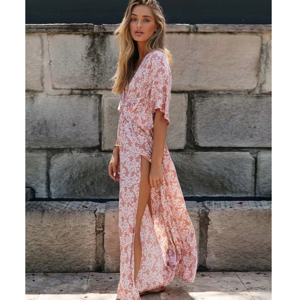 Robe midi bohème fendue rose poudré