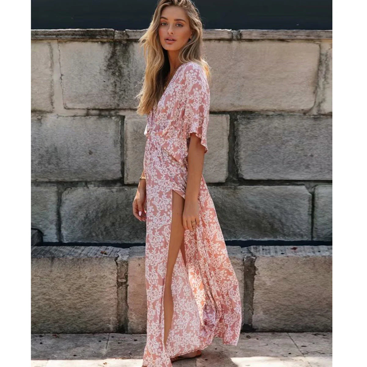 Robe midi bohème fendue rose poudré
