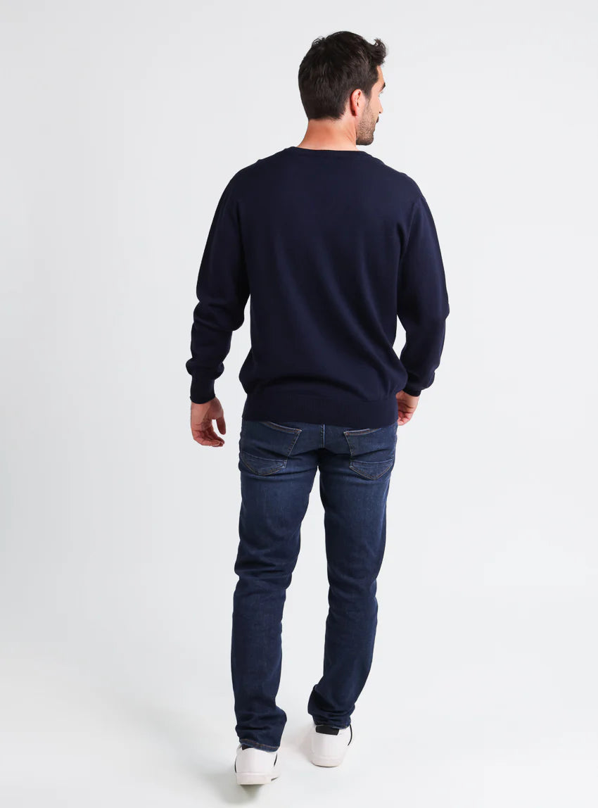 Pull homme col V 100% laine mérinos bleu marine