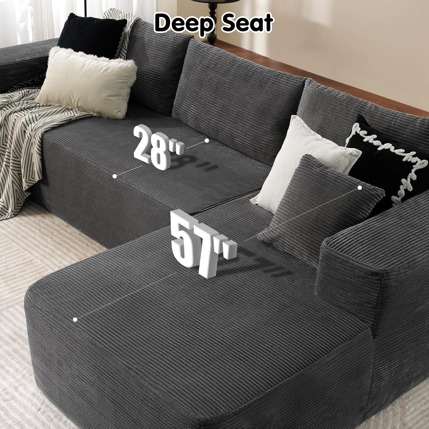 ovios 104 Cloud Sectional Couch with L-Shape Chaise,Modern Modular Sofa with Deep Seat, Upholstered Couches for Living Room Bedroom,No Assembly Required, Grey (Plush Corduroy Fabric)