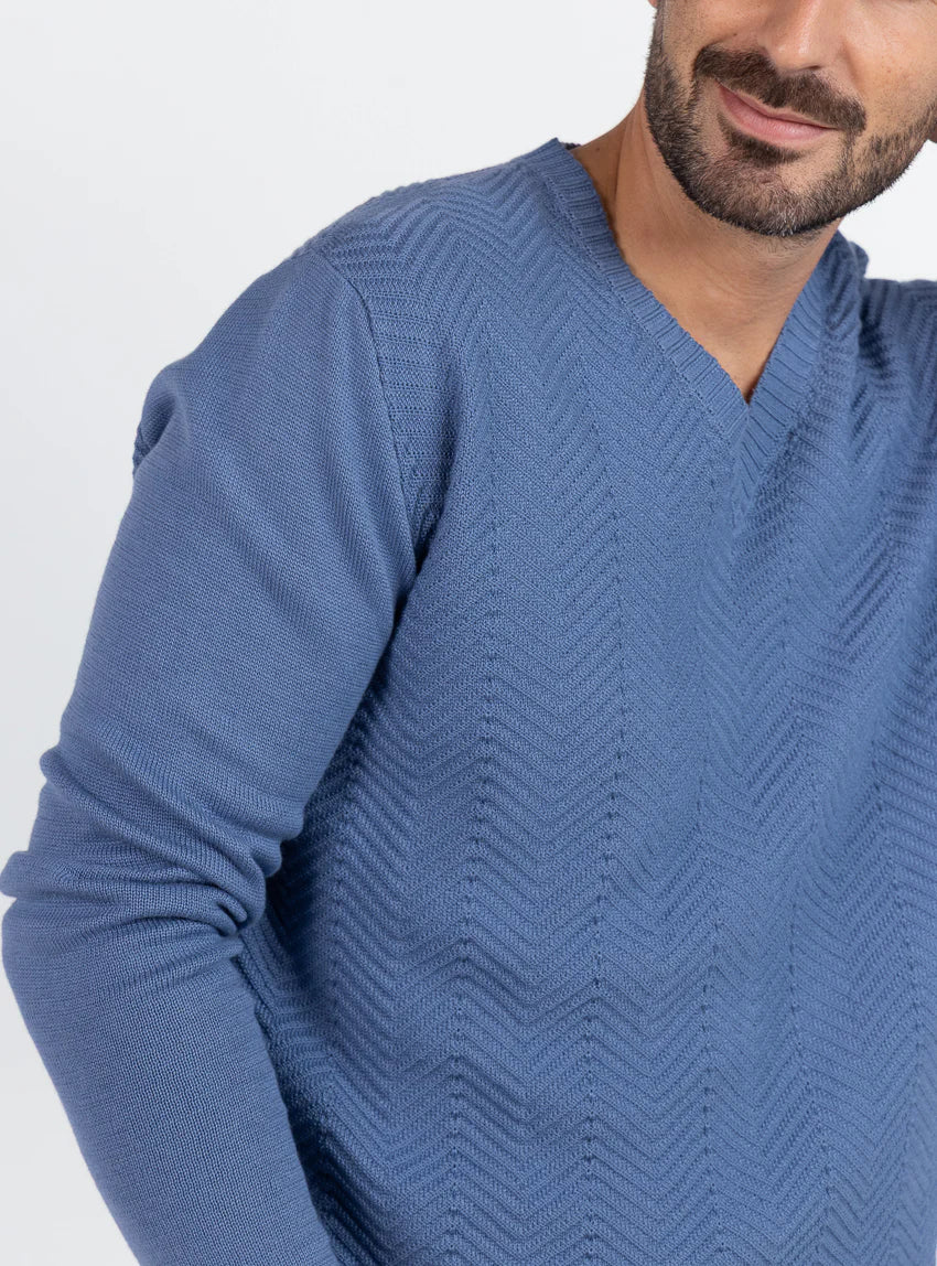 Pull homme col V chevrons en coton Bleu infini