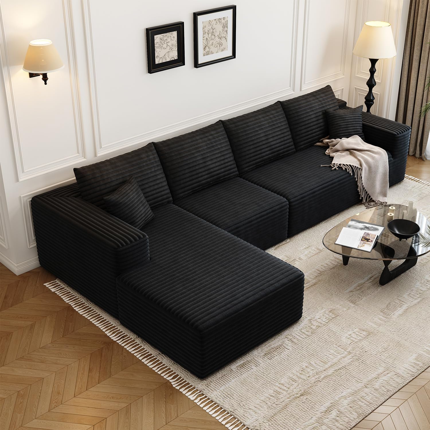 107.5 Cloud Modular Sectional Sofa Couch with L-Shape Chaise,Modern Minimalist Upholstered Couches for Living Room Bedroom,Deep Seat Corner Couch，No Assembly Required (Black,Left Facing Chaise)