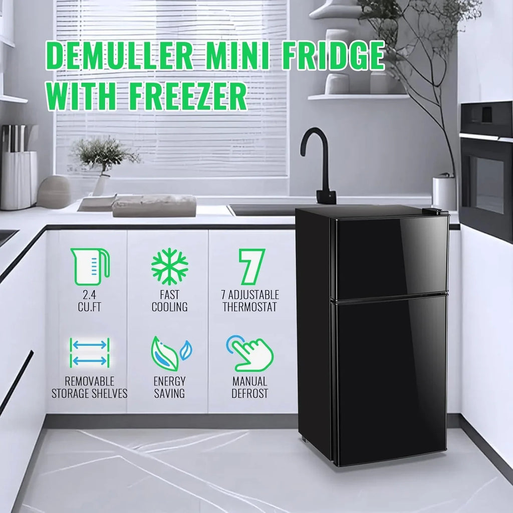 2.4 Cu.Ft Mini Fridge with Freezer Double Door Small Tiny Size Refrigerator with 7 Control Knob
