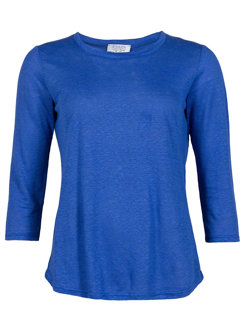 Tee-shirt femme en lin manches 3/4 bleu atlantique