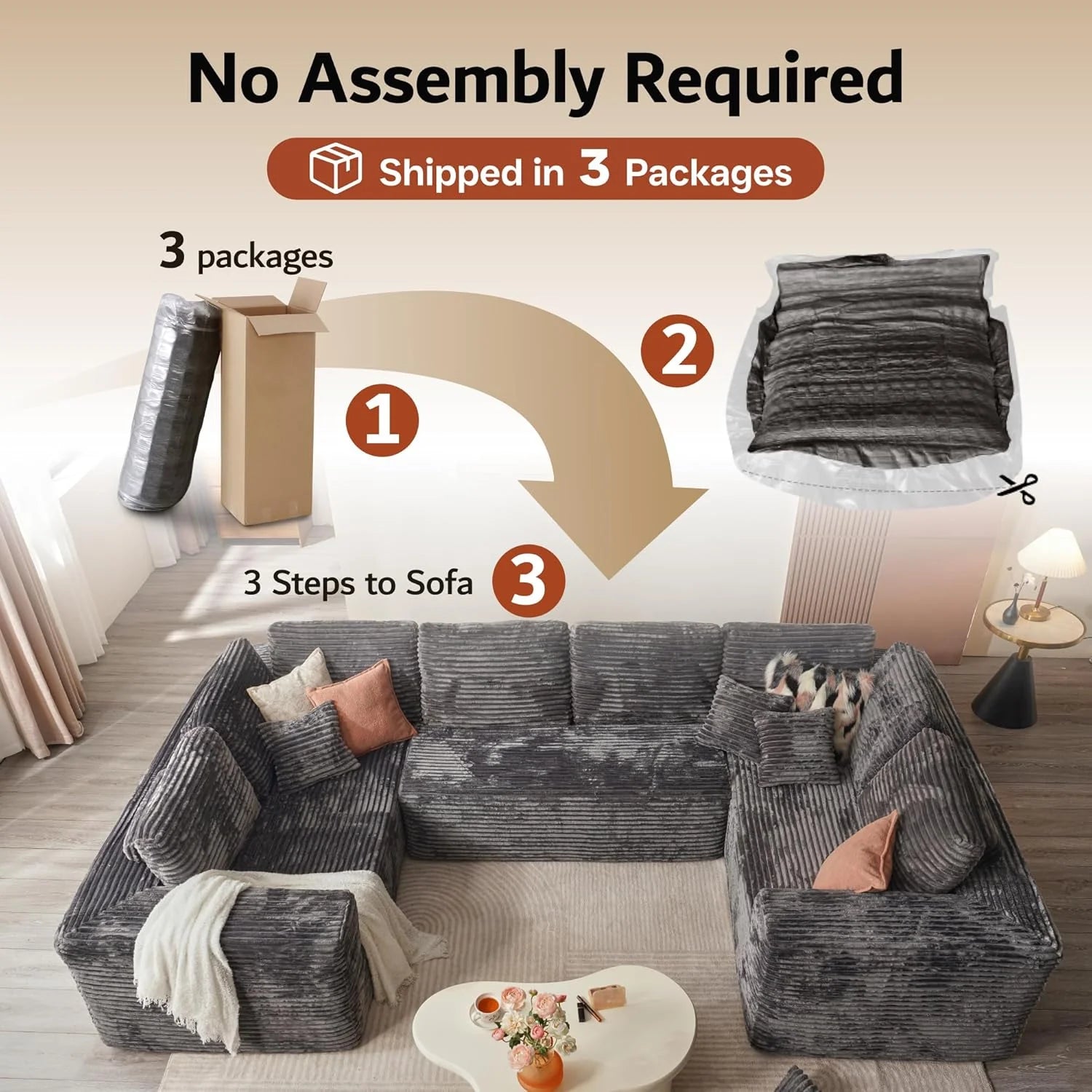 ovios 104 Cloud Sectional Couch with L-Shape Chaise,Modern Modular Sofa with Deep Seat, Upholstered Couches for Living Room Bedroom,No Assembly Required, Grey (Plush Corduroy Fabric)