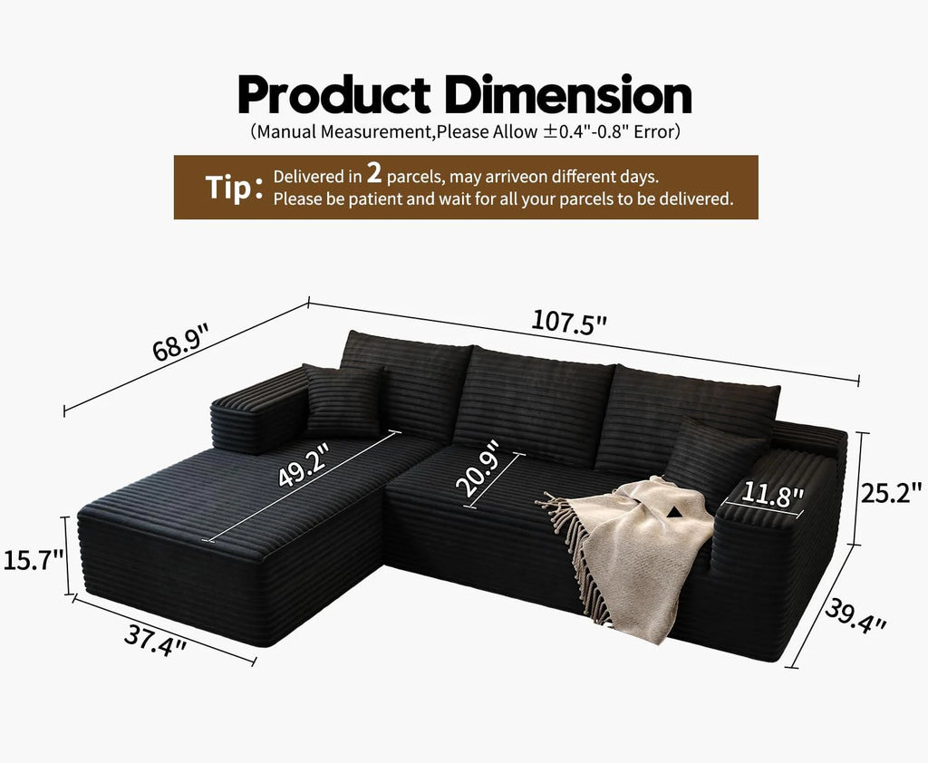 107.5 Cloud Modular Sectional Sofa Couch with L-Shape Chaise,Modern Minimalist Upholstered Couches for Living Room Bedroom,Deep Seat Corner Couch，No Assembly Required (Black,Left Facing Chaise)