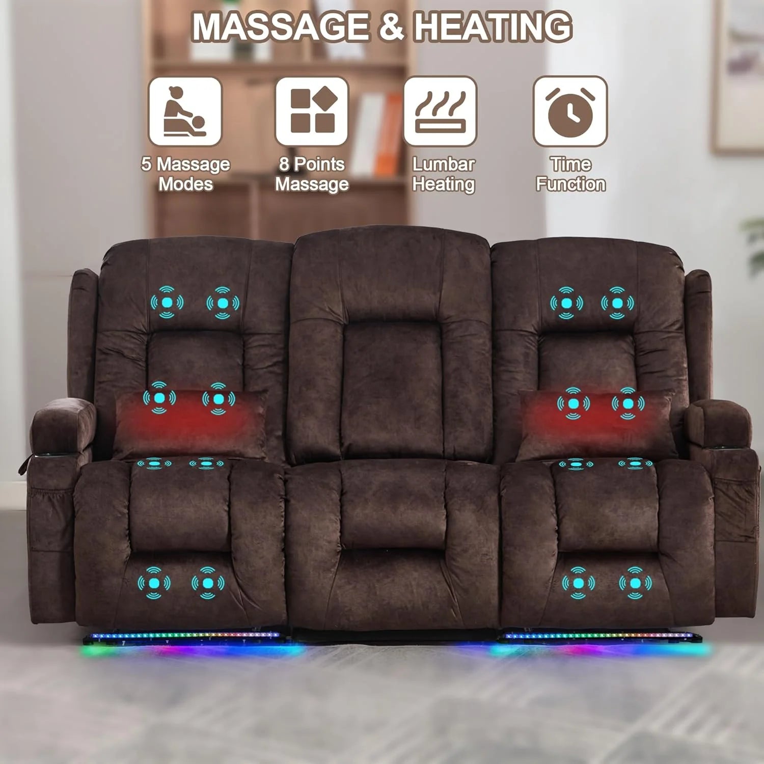 TUNYI Power Loveseat Recliner Sofa with Massage & Heat Home Theater Seating with Console Electric Recliner RV Sofa with USB/Outlet/Storage/Side Pocket/LED Light/Speaker (Brown, Loveseat)
