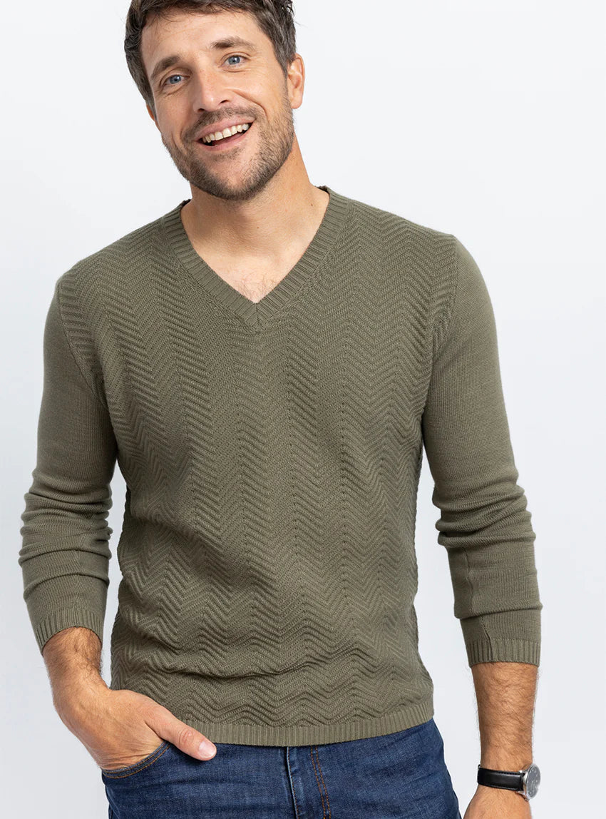 Pull homme col V chevrons en coton Vert Kaki