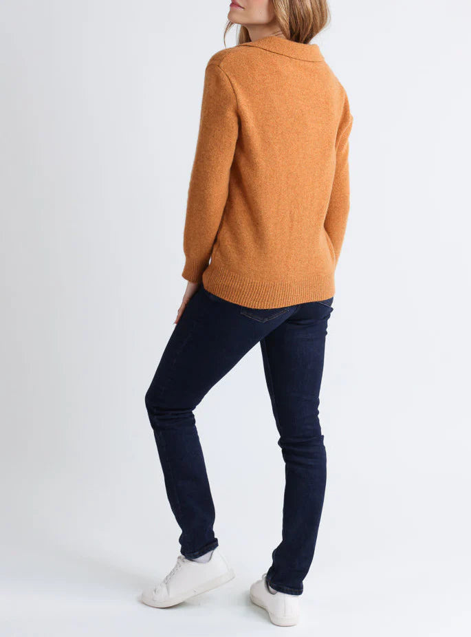 Pull femme laine mérinos col polo jaune