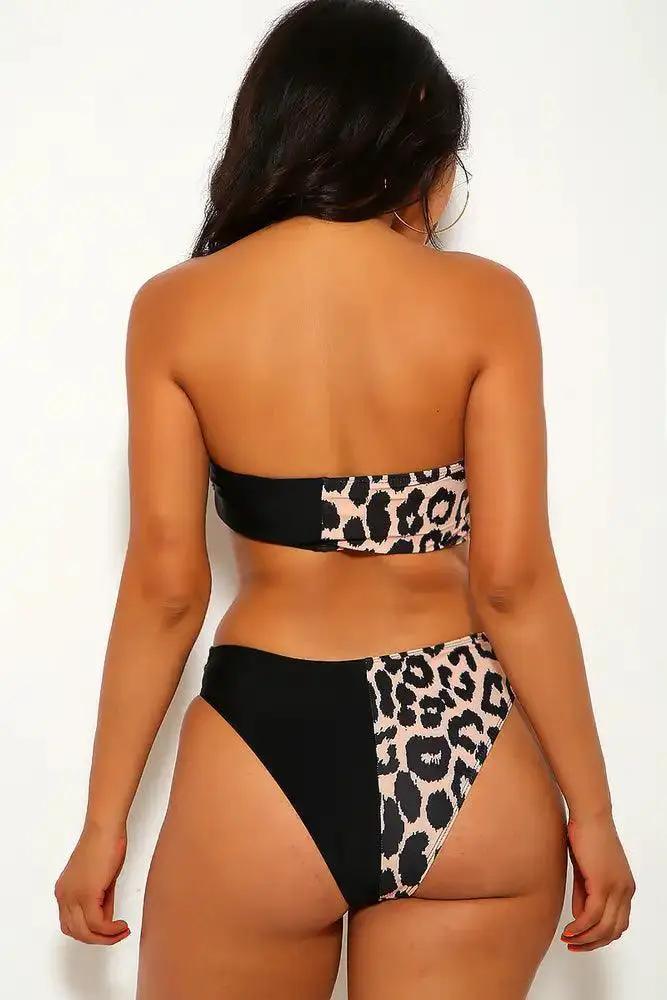Black Leopard Print Twist Two Piece Swimsuit