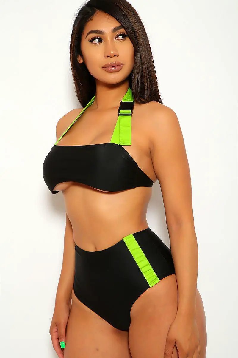 Black Neon Lime High Waist Two Piecen Swimsuit