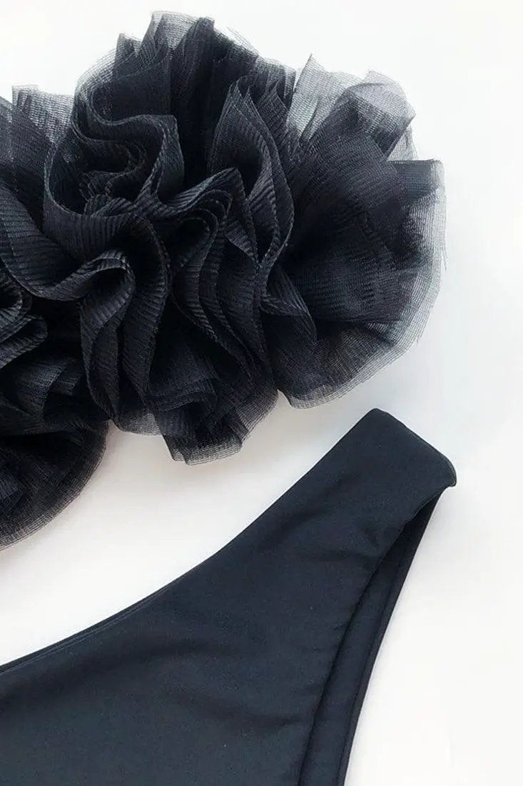 Black Ruffle Mesh Bandeau & High Waisted Bottom 2 Pc Swimsuit