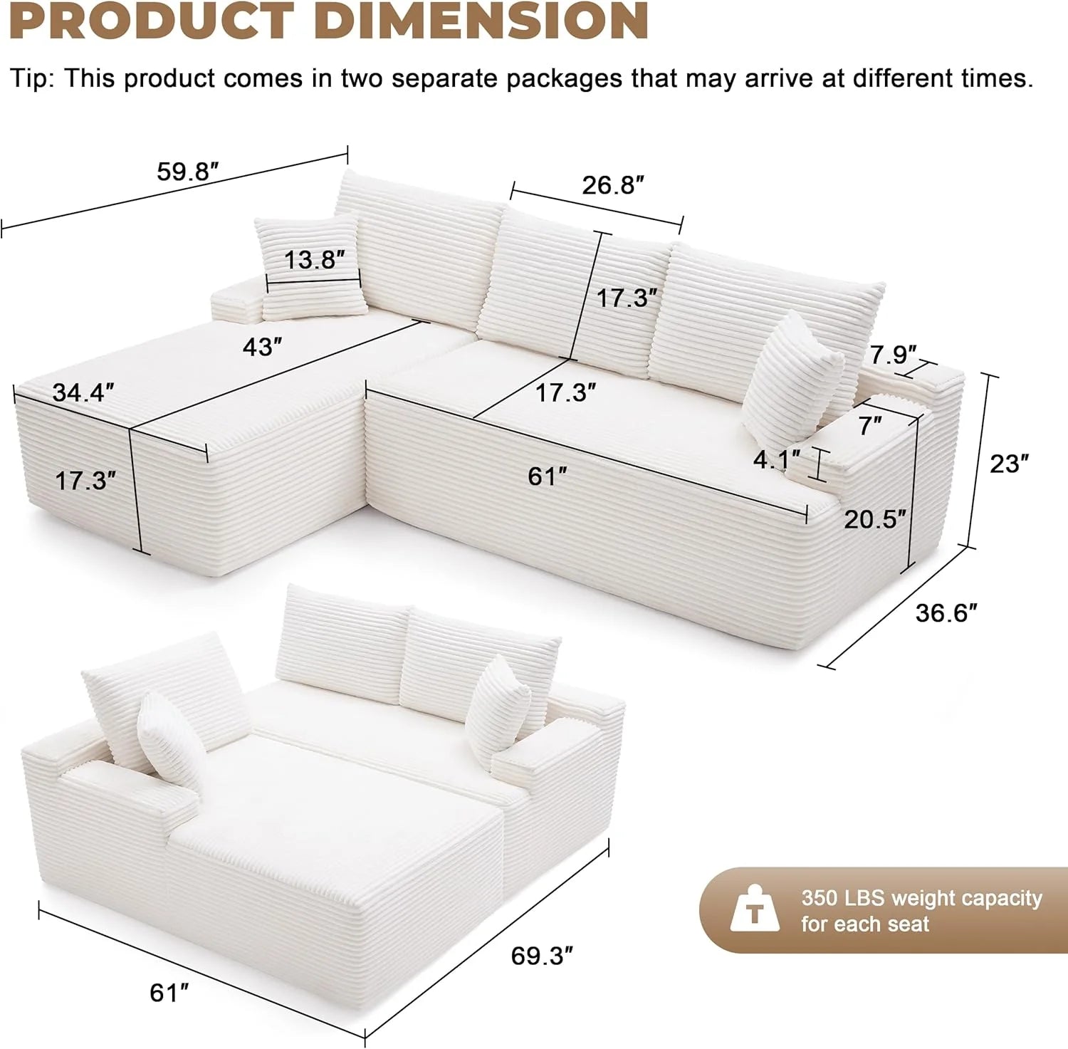 110 Cloud Sectional Couch, Boneless Sofa for Living Room Modular Sectional Sofa with Deep Seat