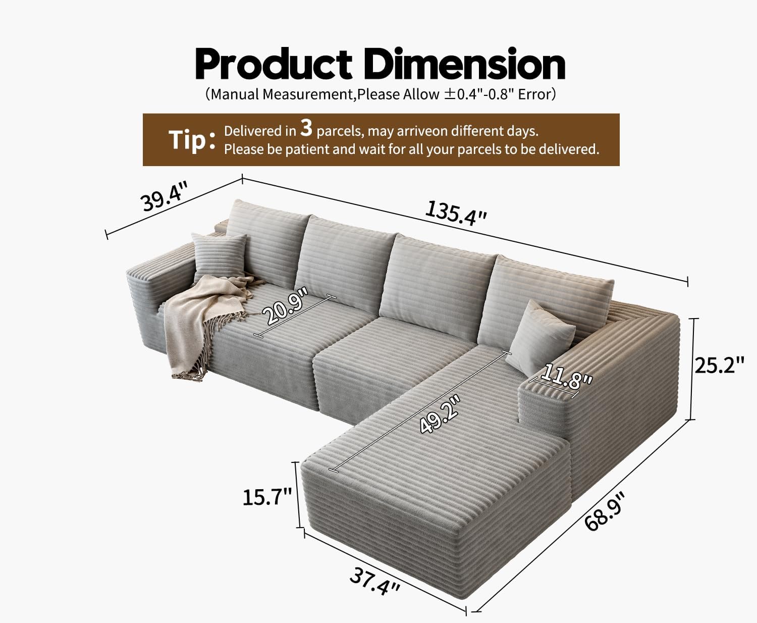 107.5 Cloud Modular Sectional Sofa Couch with L-Shape Chaise,Modern Minimalist Upholstered Couches for Living Room Bedroom,Deep Seat Corner Couch，No Assembly Required (Black,Left Facing Chaise)