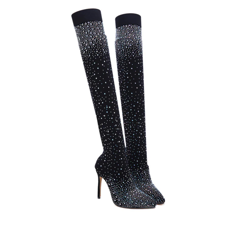 Bottes mi-cuisses étincelantes en faux diamant