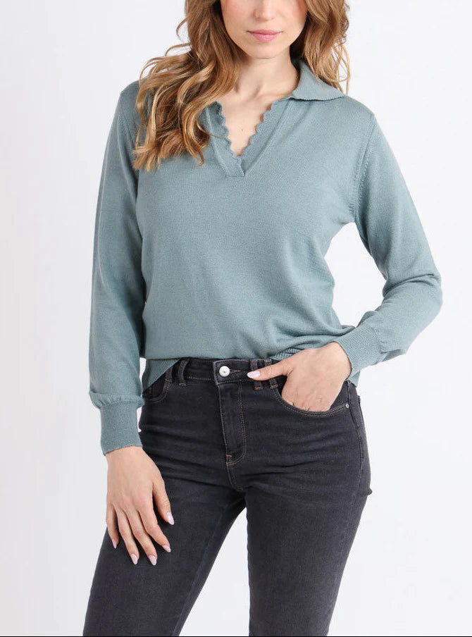 Pull col polo femme en laine mérinos vert