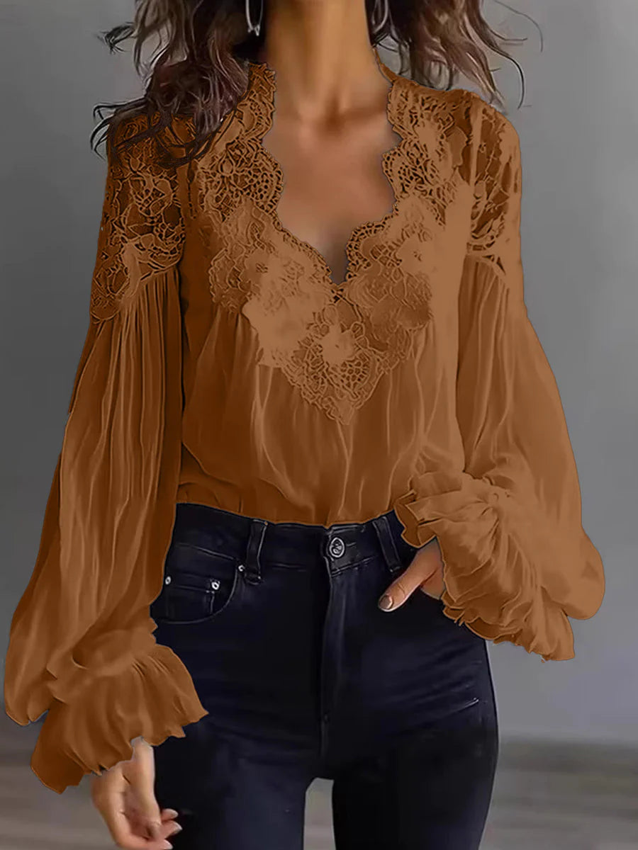 Blouse Femme en Dentelle à Manches Bouffantes Patchwork