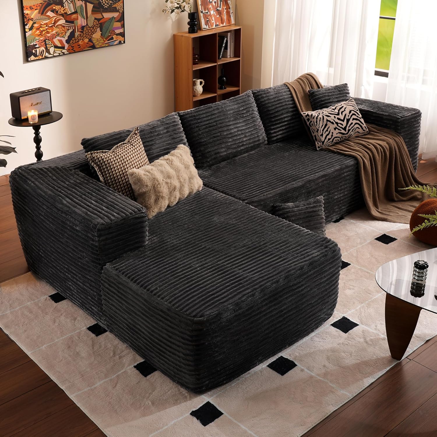 ovios 104 Cloud Sectional Couch with L-Shape Chaise,Modern Modular Sofa with Deep Seat, Upholstered Couches for Living Room Bedroom,No Assembly Required, Grey (Plush Corduroy Fabric)