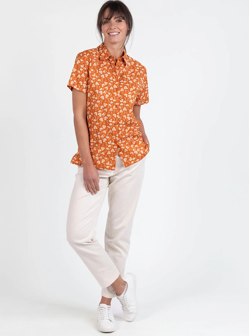 Chemisier en coton rayé imprimé orange ocre
