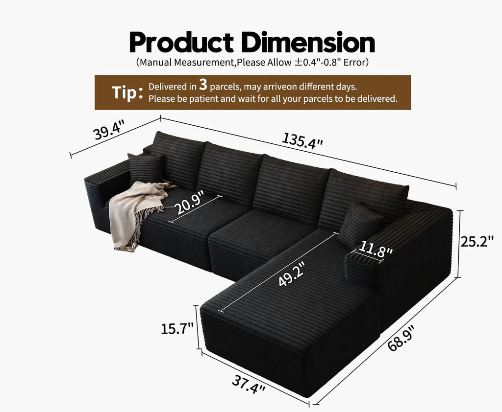 107.5 Cloud Modular Sectional Sofa Couch with L-Shape Chaise,Modern Minimalist Upholstered Couches for Living Room Bedroom,Deep Seat Corner Couch，No Assembly Required (Black,Left Facing Chaise)