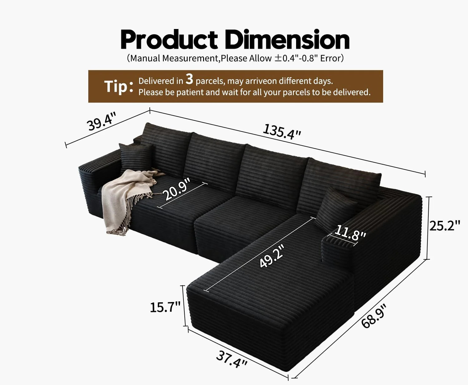 107.5 Cloud Modular Sectional Sofa Couch with L-Shape Chaise,Modern Minimalist Upholstered Couches for Living Room Bedroom,Deep Seat Corner Couch，No Assembly Required (Black,Left Facing Chaise)