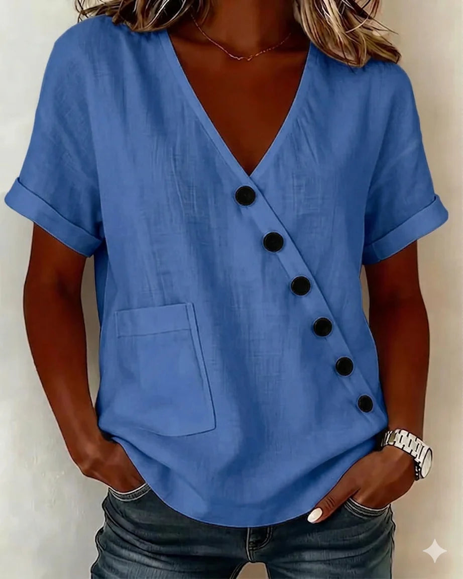 Blouse en coton à col en V avec patte de boutonnage diagonale