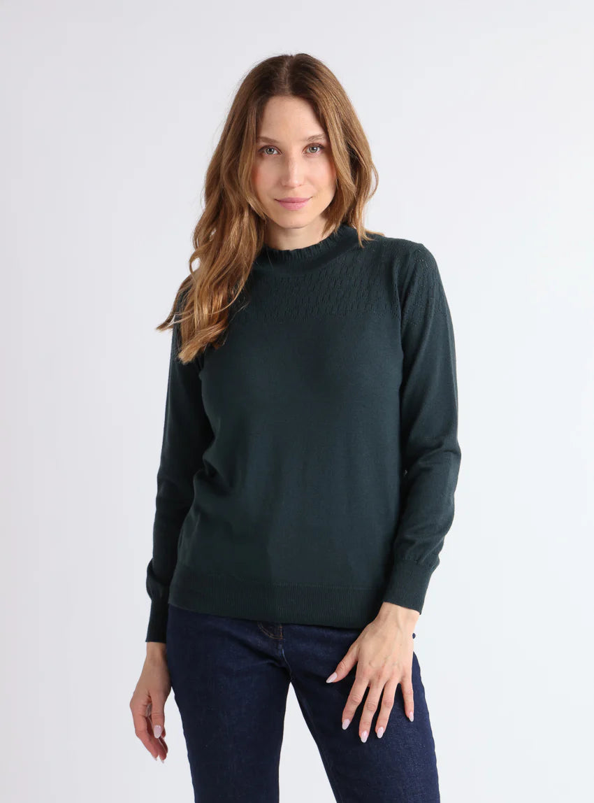 Pull femme col et maille fantaisie en laine merinos vert