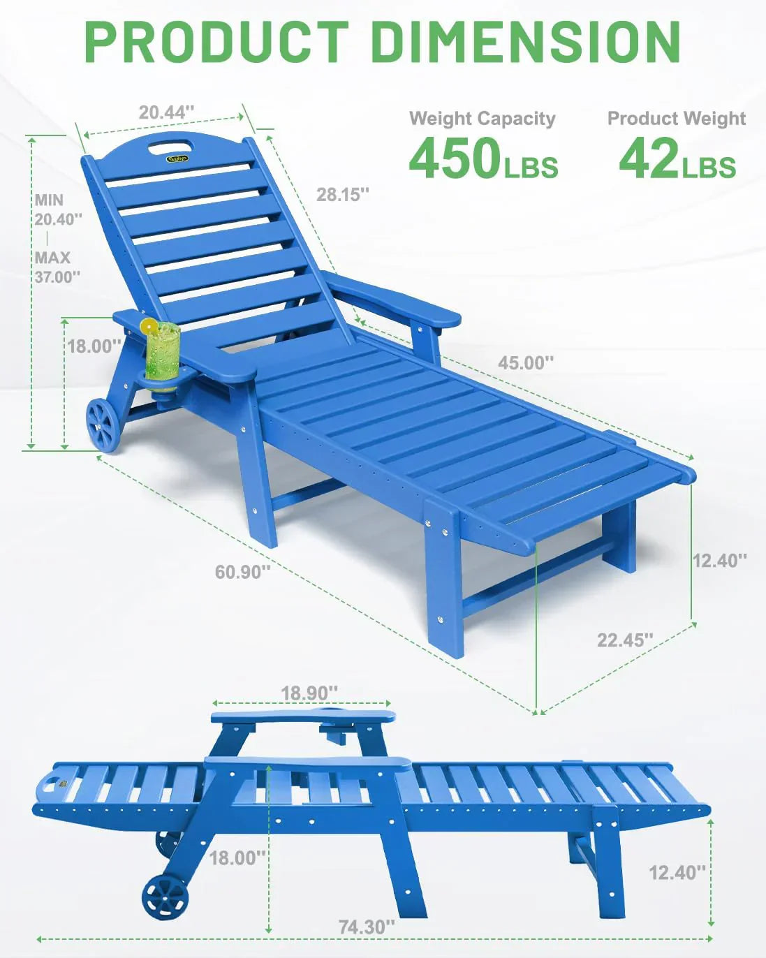 Lounge Chair Outdoor Chaise Lounge HDPE 6-Position Outdoor Chaise Lounge Patio Lounge Chair