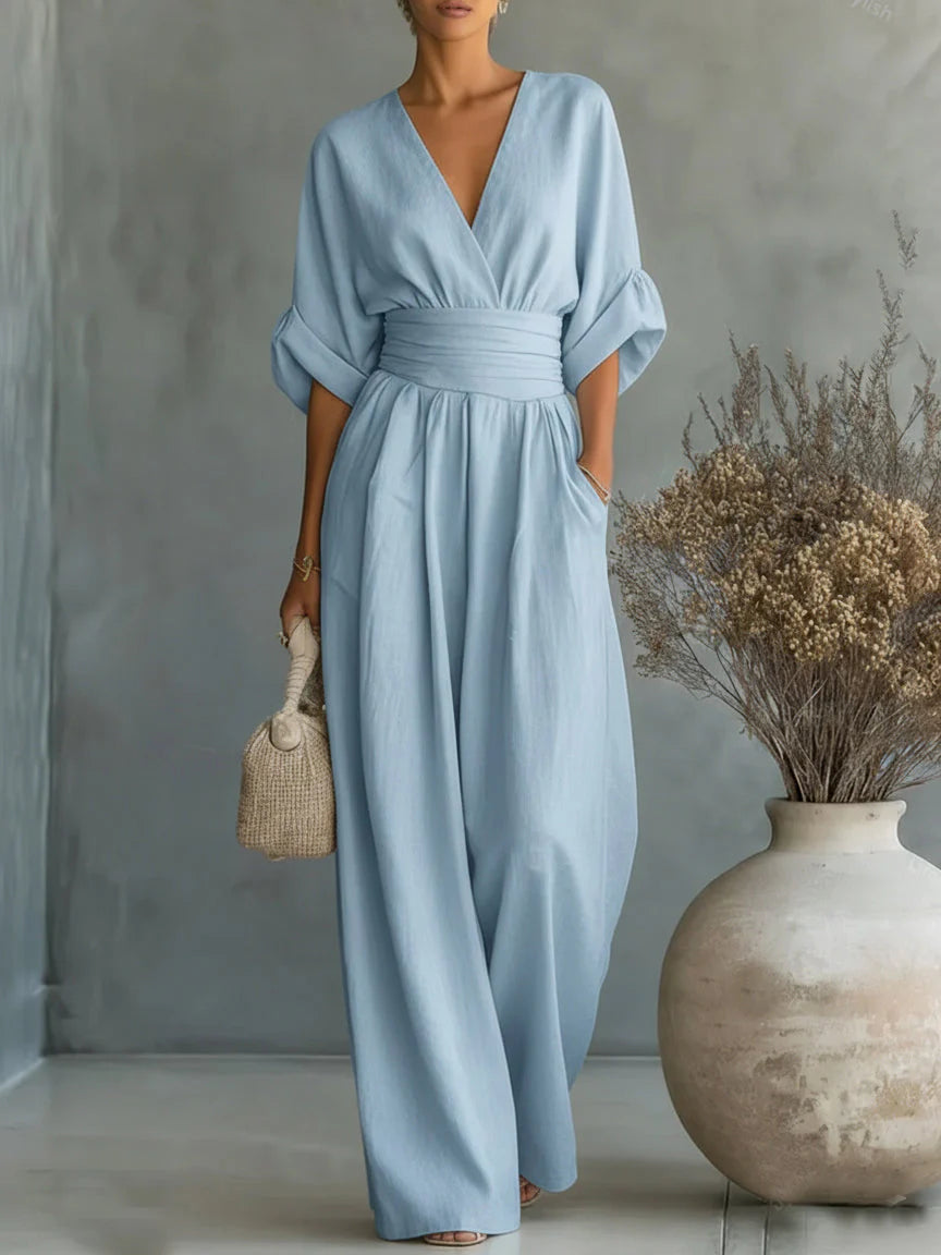 Combinaison élégante à col en V, taille haute et coupe ample