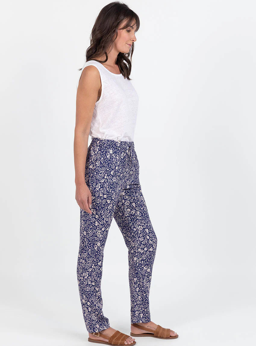 Pantalon femme en viscose imprimé bouquet bleu
