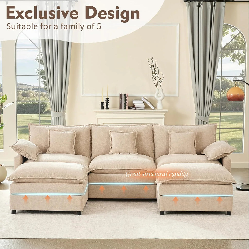 108 U Shaped Couch, Modular Sectional Sofa, 3-Seater Comfy Cloud Couch with Movable Ottoman, Deep Seat Couches for Living Room, Chenille, Slate