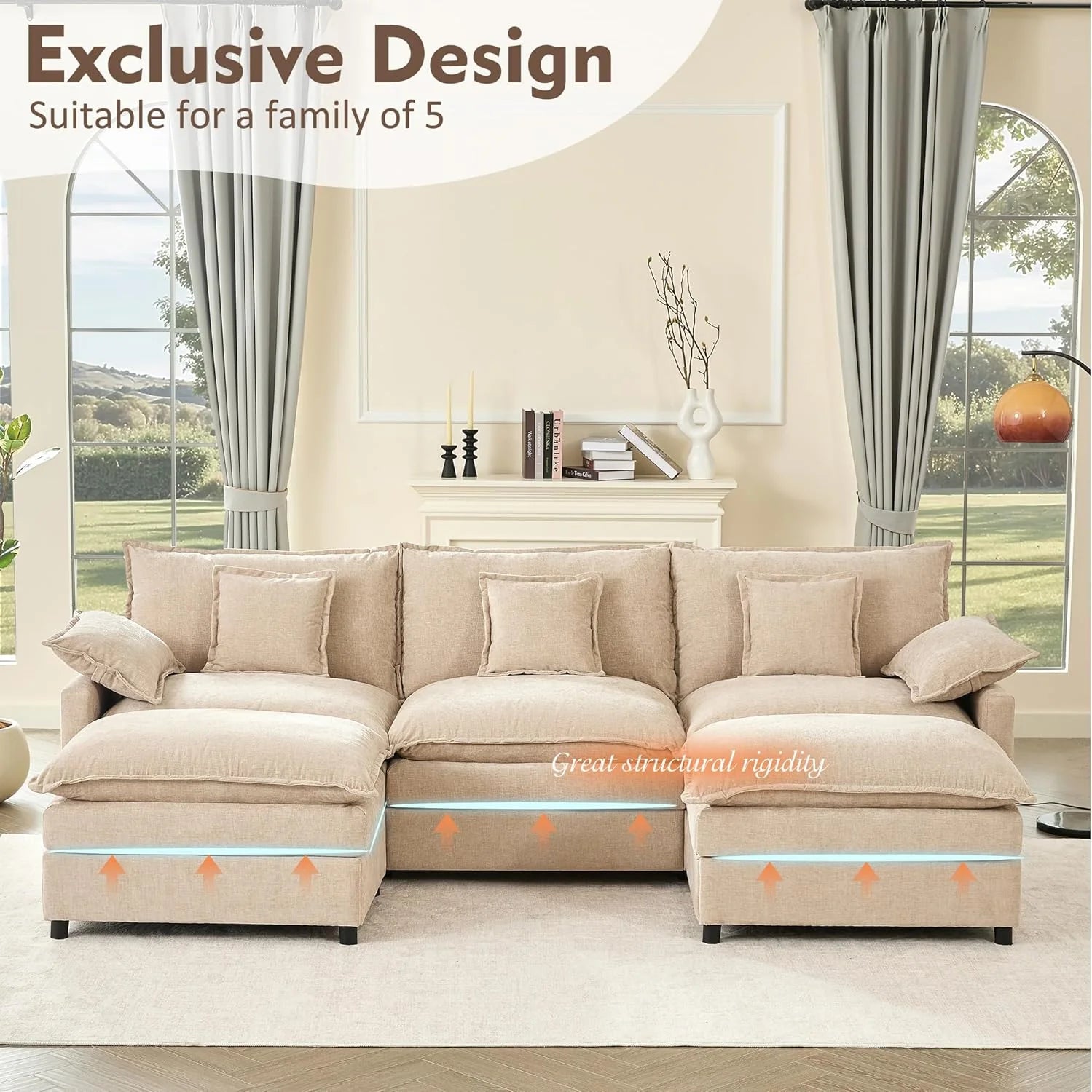 108 U Shaped Couch, Modular Sectional Sofa, 3-Seater Comfy Cloud Couch with Movable Ottoman, Deep Seat Couches for Living Room, Chenille, Slate