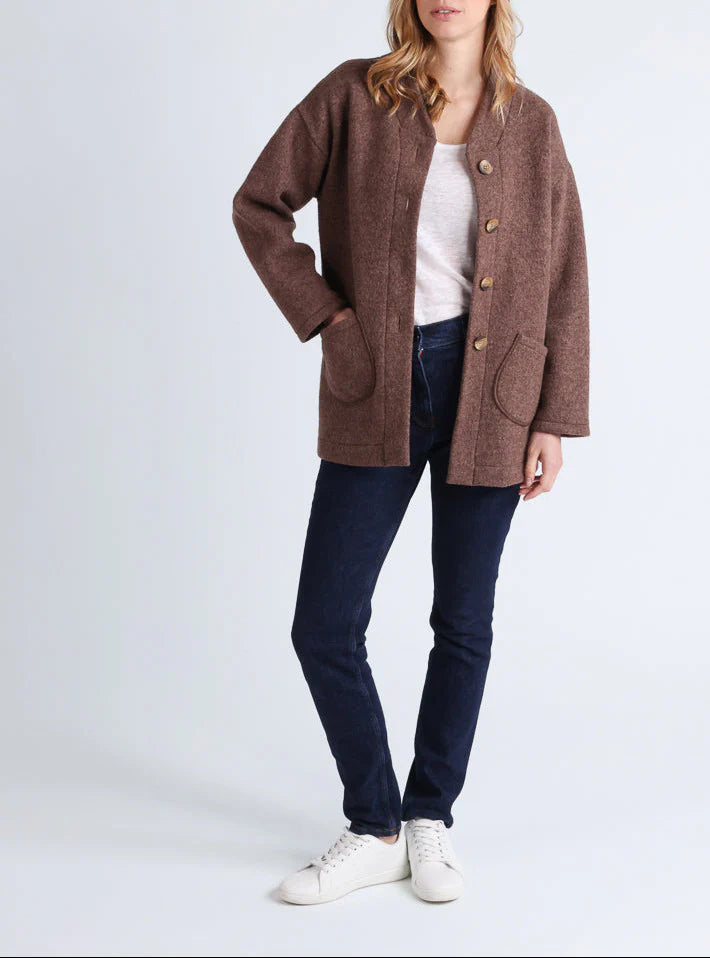 Manteau court femme laine bouillie marron foncé