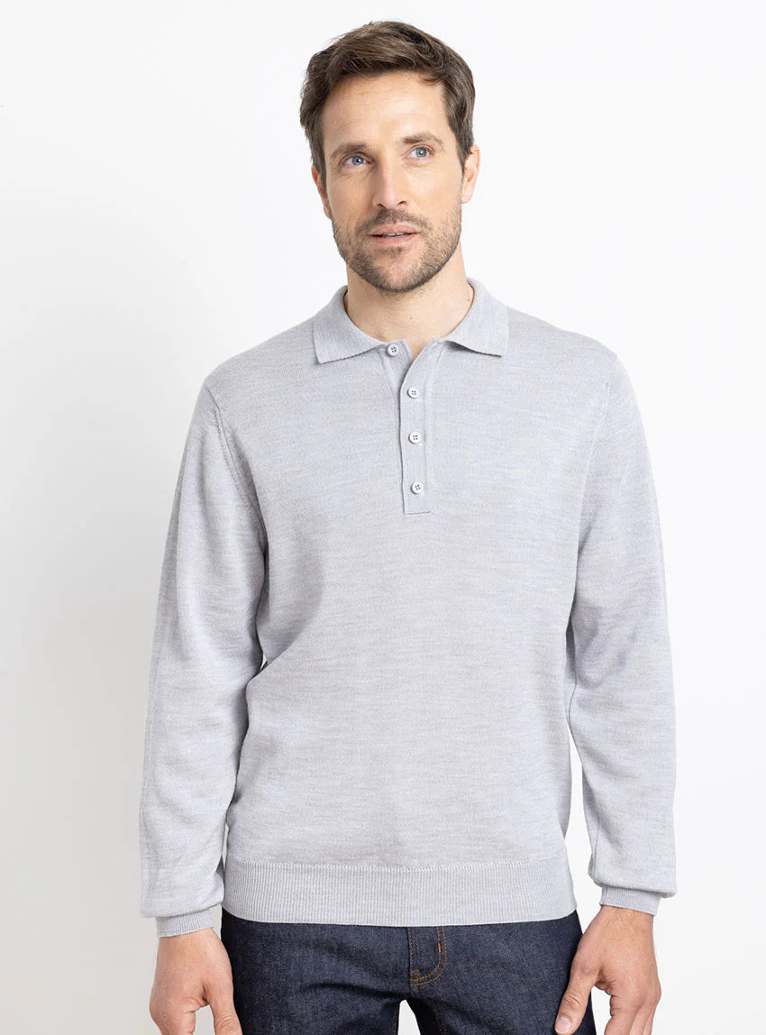 Pull homme col polo en laine gris givré