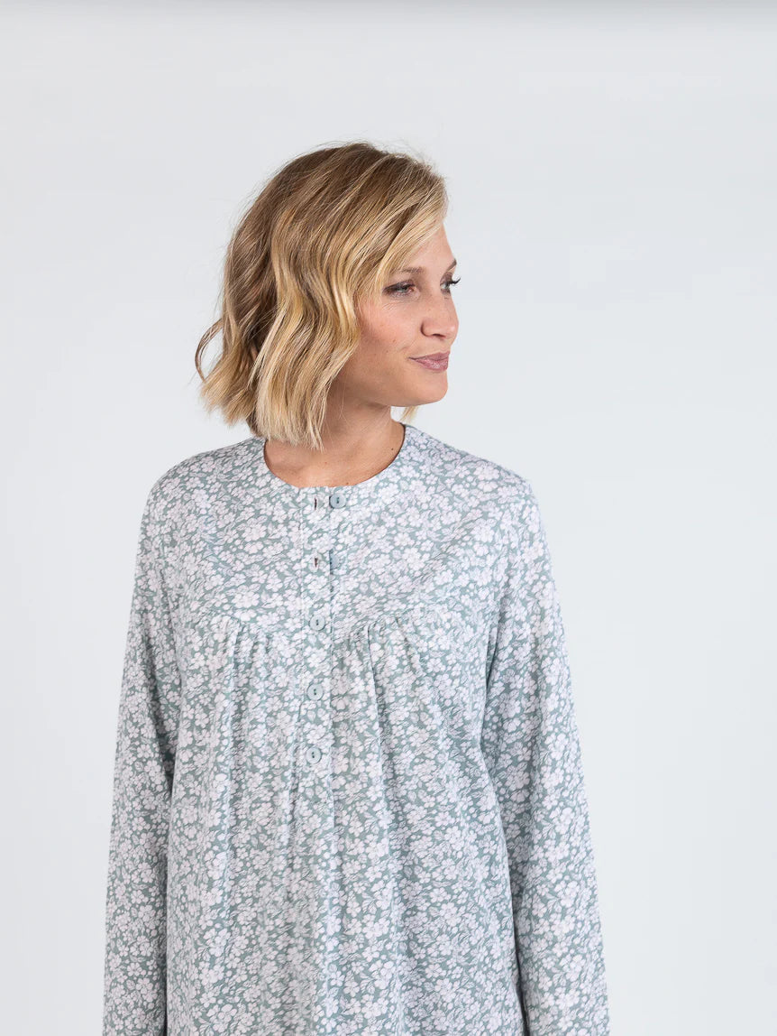 Chemise de nuit femme en coton floral vert sauge