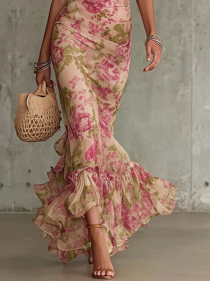 Fiora | Robe longue avec imprimé vintage de roses et manches bouffantes