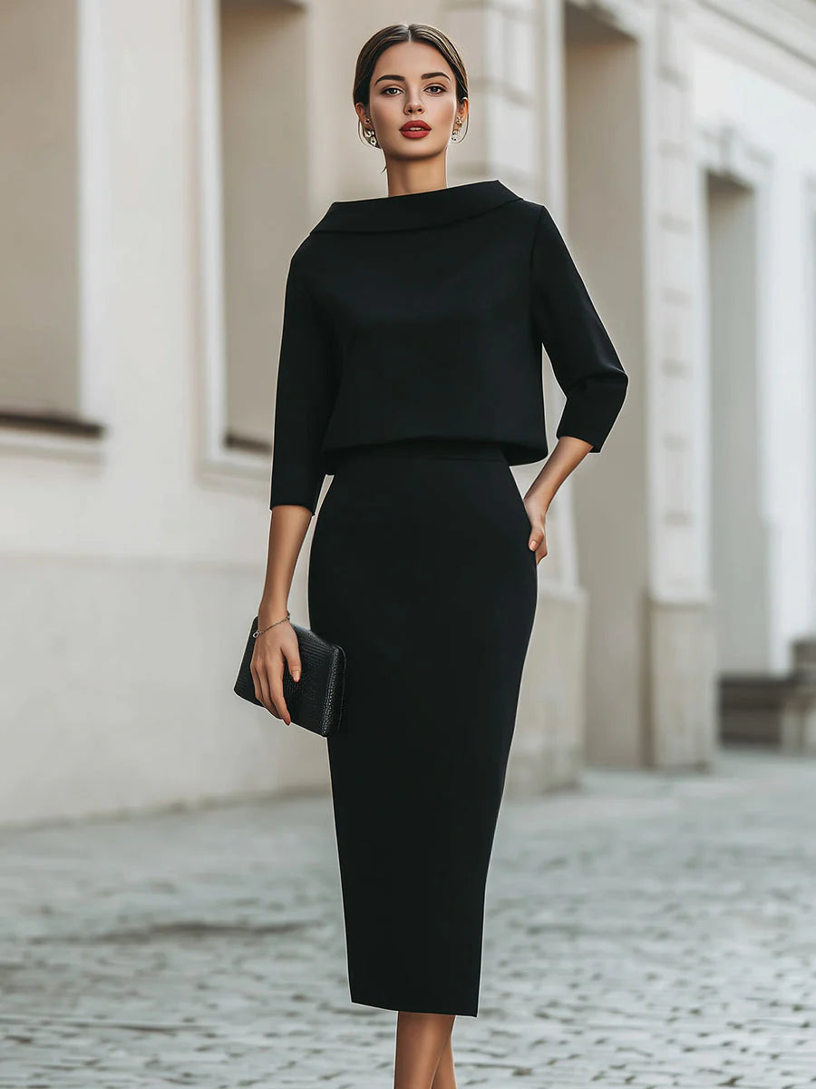 Ensemble Haut Col Bateau et Jupe Midi pour Femme