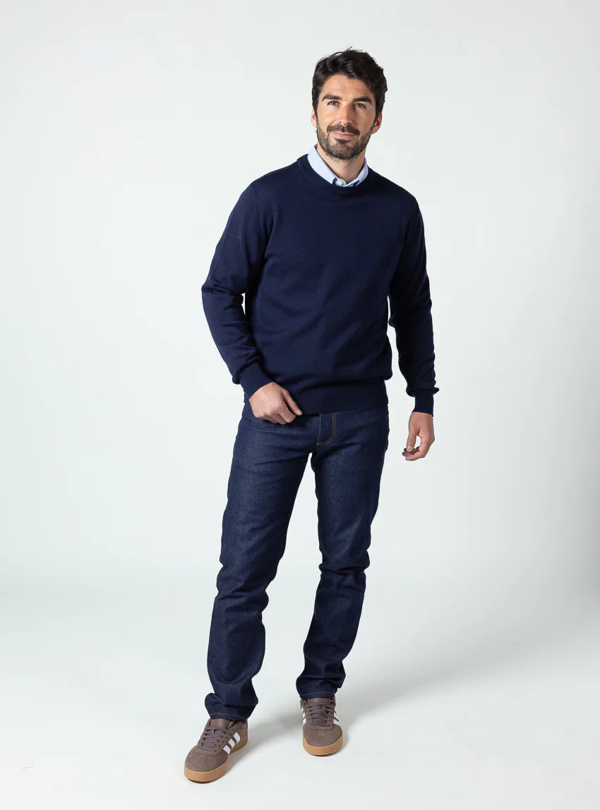 Pull homme col rond laine merinos Bleu Marine