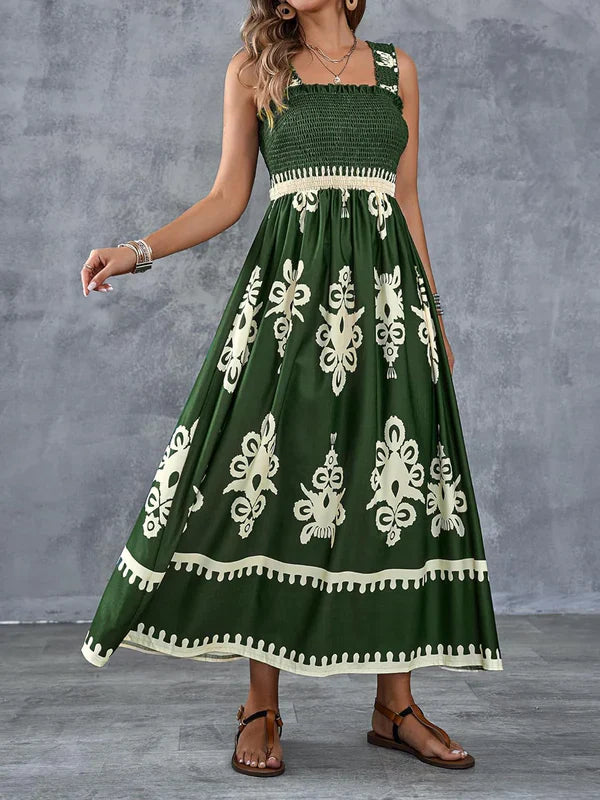 Robe Maxi Smockée à Imprimé Géométrique Artistique